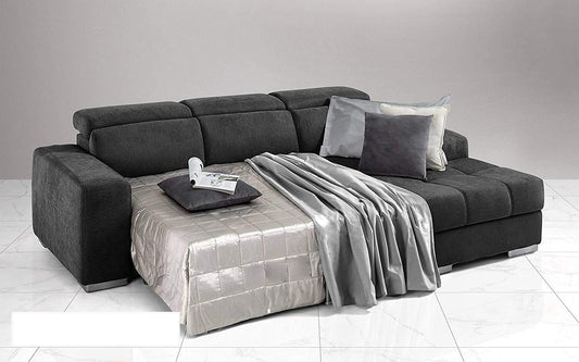 Dafne Italian Design Divano Letto angolare 3 posti con penisola a Destra. Tessuto Romeo Nero (cm. 259 x 178 x 94h)