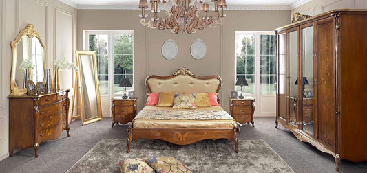 Dafne Italian Design Armadio ante con specchio, cassettiera interna, noce scuro, decorazioni oro -cm: 245 cm - 75 cm - H 249 cm - Stile classico - 100% Made in Italy (SF17)