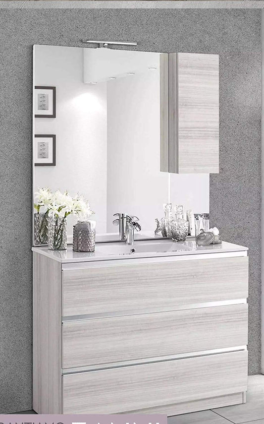 Dafne Italian Design Mobile da bagno con lavabo cm. 100 x 46 x 189h colore olmo chiaro effetto legno - Componibile bagno 3 cassetti, lavabo e specchio con luce a Led