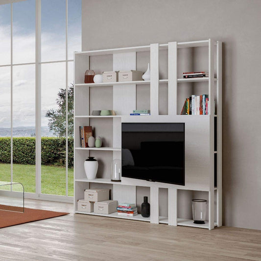 Libreria Composizione M Kato 6R 2 fianchi 2 fasce lunghe 2 fasce corte 2 fasce medie pannello TV Bianco Frassino