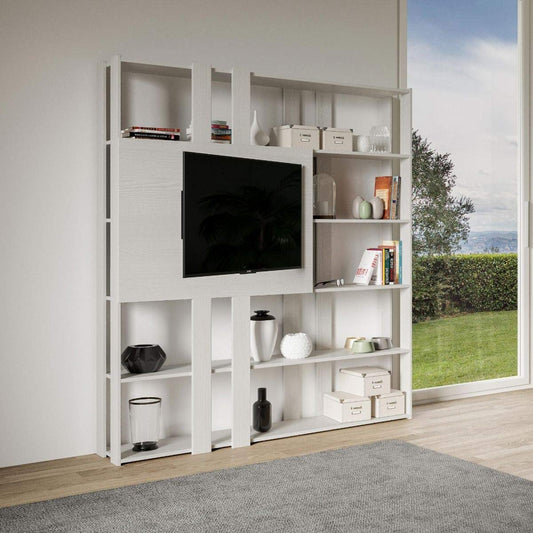 Libreria Composizione N Kato 6R 6 fasce lunghe 2 fasce corte 2 fasce medie pannello TV Bianco Frassino