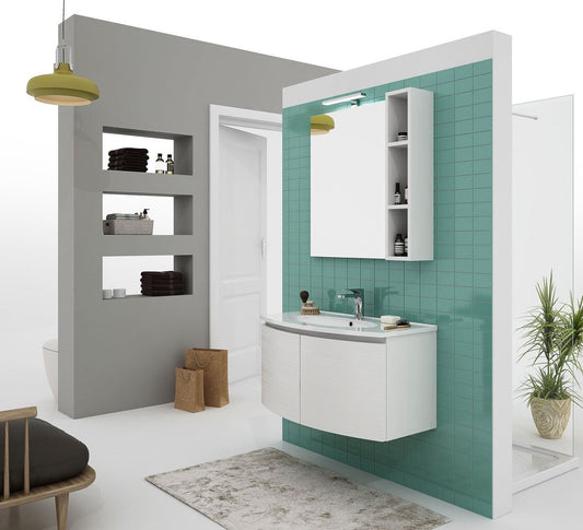 Dafne Italian Design Mobile da bagno sospeso bianco con lavabo integrato Misura: L.91 P.36/46, specchio luci led con vani a giorno - 100% made in Italy