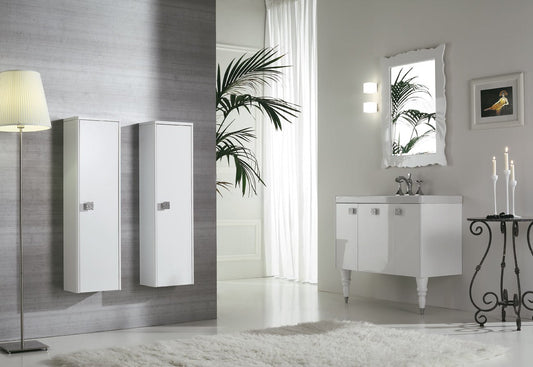 Dafne Italian Design Mobile da bagno classico bianco lucido con cassetti, specchio rettangolare, 2 colonne sospese e - Misura: L.99 P.45cm - 100% made in Italy