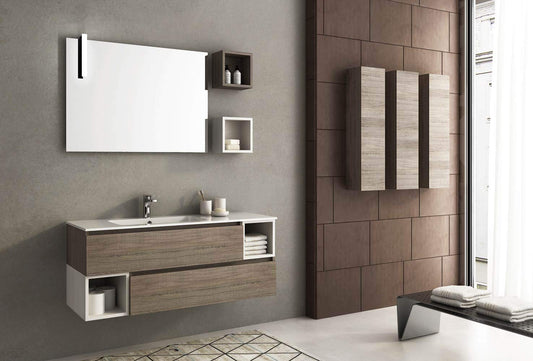 Dafne Italian Design Mobile da bagno sospeso Misura: L.140 P.46 cm finitura rovere tranche'- specchio c/luci a led - tre pensili e cassetti - lavabo integrato in ceramica - made in Italy