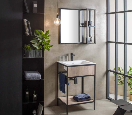 Dafne Italian Design Mobile da bagno ad uso lavanderia con lavabo in Ocritech finitura effetto legno olmo (cm. L58 x P50 x H87), specchio con mensole