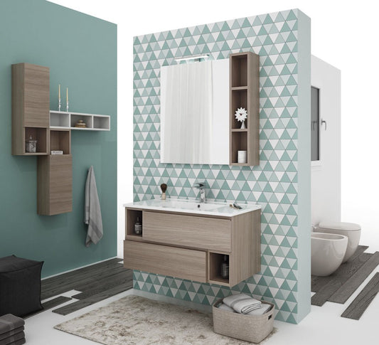 Dafne Italian Design Mobile da bagno sospeso cm. 90x45x46 Finitura: Olmo Terra con specchio, Misura: cm. 79x70, pensile cm. 79x16x16-100% made in Italy