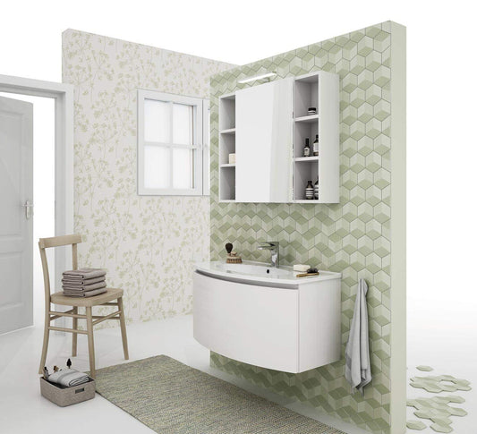 Dafne Italian Design Mobile da bagno sospeso con lavabo in resina integrato Misura: L.91 P.35/46 H. 45 cm e specchio contenitore cm. 88x70x18,Finitura: Bianco - 100% made in Italy