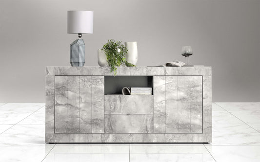 Dafne Italian Design Mobile da soggiorno moderno Urby colore grigio chiaro: una madia 2 ante e due cassetti cm. 184x42x86; una vetrina a due ante cm. 110x42x86; madia due ante cm. 110x42x86.