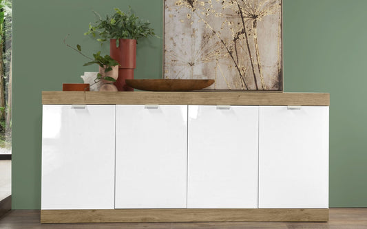 Mobile da soggiorno moderno stile nordico "Slimmy" colore bianco lucido e rovere comprende: base tv (cm.180x42x63); madia orizzontale (cm. 180x42x84); madia verticale (cm. 90x42x149)