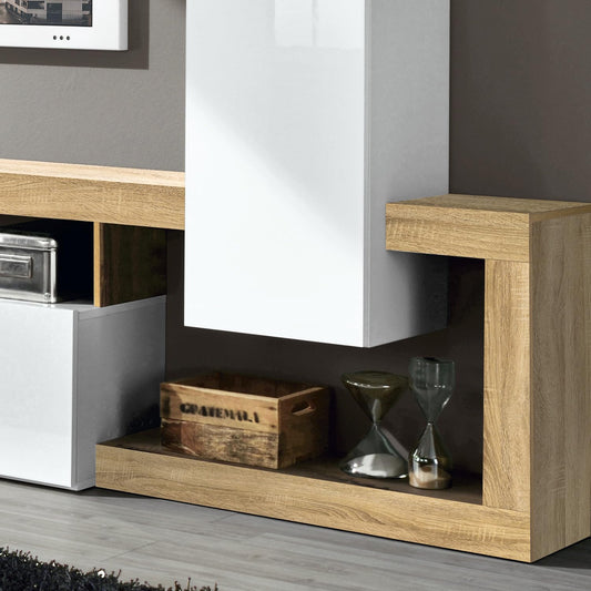 Dafne Italian Design Mobile da soggiorno moderno Amby color bianco lucido e rovere chiaro cm. 219 x 35 x 205 (base tv, pensile, mensola)