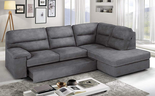 Dafne Italian Design Divano Letto angolare 3 posti con penisola a Destra. Similpelle Effetto Nabuk Cenere (cm. 252 x 196 x 96h)