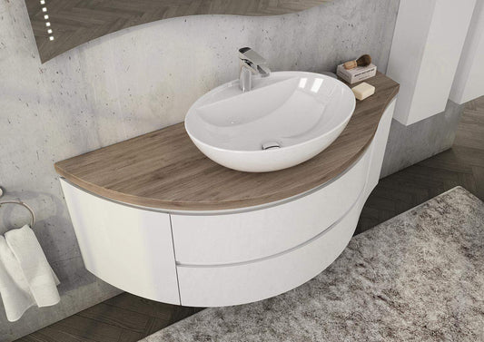 Dafne Italian Design Mobile da bagno sospeso color Rovere Tabacco, Laccato Bianco Lucido - Misura:ﾠL.135 P.50/36 cm con Lavabo in ceramica - due pensili sospesi