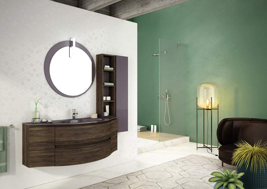 Mobile da bagno color Rovere - Misura: L.135 P.51/21 cm - Finitura: Rovere Tabacco, Laccato Lavanda Lucido - Top: Cristallo con vasca integrata colore Lavanda - 100% made in Italy