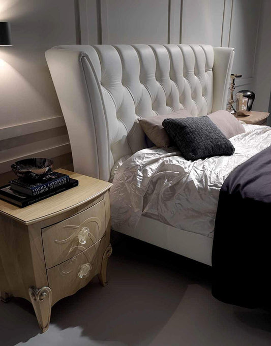 Dafne Italian Design Letto matrimoniale in legno, imbottitura di gomma piuma, rivestimento in pelle bovina, bianco, H.130XP.230XL. 207- per rete 160 x 190