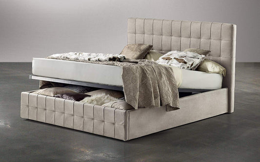 Dafne Italian Design Letto matrimoniale contenitore rivestito in similpelle beige, rete ortopedica a doghe in legno180x210x116h cm.