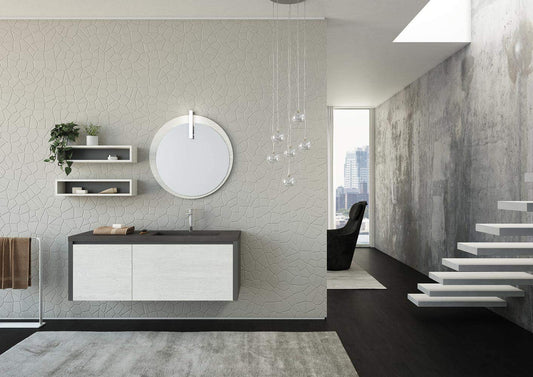 Mobile da bagno sospeso - Misura: L.143 P.50 H. 50 - Finitura: Laccata Grigio Fumo Opaco e Rovere Gessato Artico - Top con vasca integrata -specchio rotondo - due mensole - 100% made in Italy