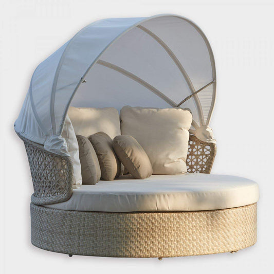Dafne Italian Design Lettino da esterno c/capottina, L173 cm - H90 - L162 cm, cuscini e materasso antimacchia, struttura in rattan, resistente all'usura e agli agenti atmosferici