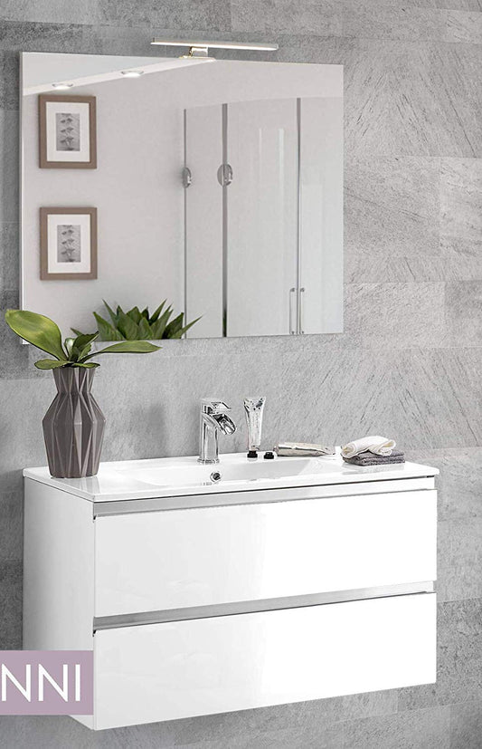 Dafne Italian Design Mobile da bagno sospeso colore bianco lucido con lavabo integrato midura cm. 80 x 46 x 51h. - 2 cassetti con maniglia a gola, lavabo e specchio con luce a Led.