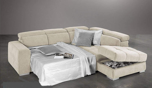 Dafne Italian Design Divano Letto angolare 3 posti con penisola a Destra. Tessuto Romeo Ecru (cm. 266 x 230 x 94h)