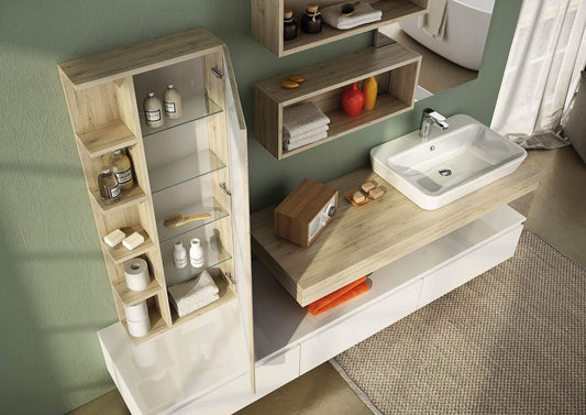 Mobile da bagno di design Laccato Bianco Lucido e Rovere Sabbia, Misura: L.210 P.50, Top in Legno Melamicico Rovere Sabbia con lavabo in ceramica