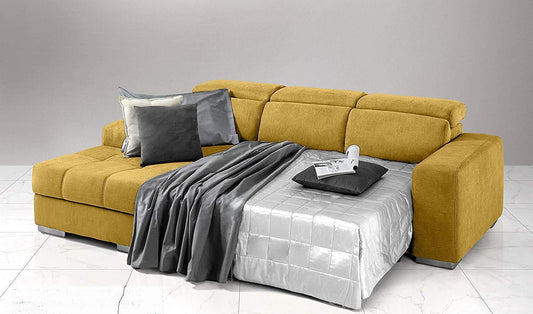Dafne Italian Design Divano Letto angolare 3 posti con penisola a Sinistra. Tessuto Romeo Senape (cm. 259 x 178 x 94h)