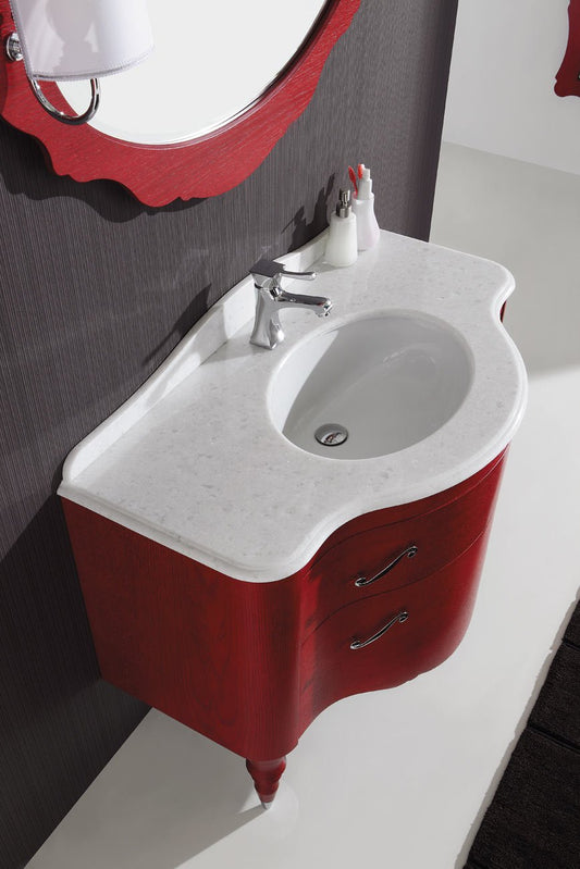 Mobile da bagno sospeso con cassetti Misura: L.104 P.47/58 H 54 cm e Vetrina anta a specchio - - Finitura Rovere rosso porpora - Top: Top in marmo bianco cristallino .100% made in Italy