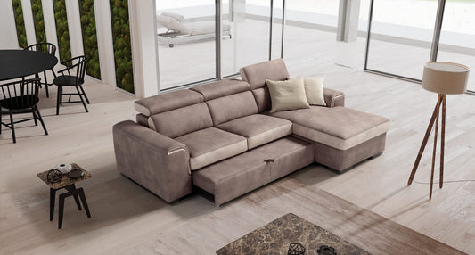 Dafne Italian Design Divano tre posti con letto estraibile a carrello e chaise longue contenitore in tessuto color tortora e panna - misure cm. L 169x171 l 102 H 77 - Made in Italy