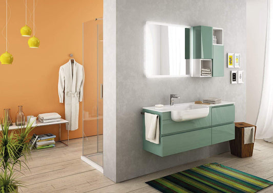 Dafne Italian Design Mobile da bagno color verde acquamarina cm 136x50x36, top in vetro, lavabo semi incasso, due ante con sportello e due a vista, cassetti, specchio, luci a led