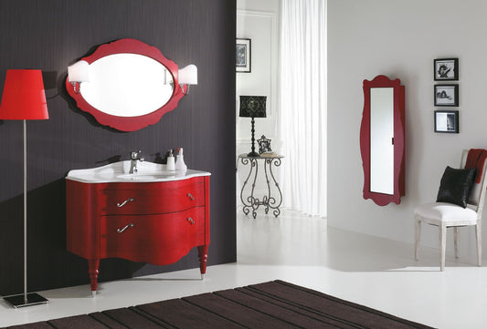 Mobile da bagno sospeso con cassetti Misura: L.104 P.47/58 H 54 cm e Vetrina anta a specchio - - Finitura Rovere rosso porpora - Top: Top in marmo bianco cristallino .100% made in Italy