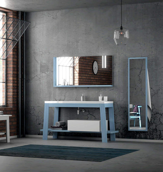 Dafne Italian Design Mobile da bagno composizione completa legno tinto azzurro L.140/160, piano con vasca integrata, cassetto, specchio con mensola, lampada led, specchio
