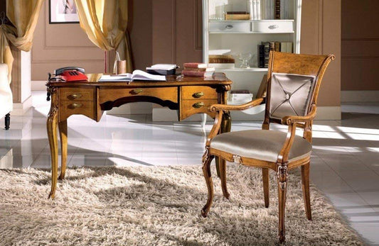 Dafne Italian Design Scrivania classica con sedia abbinata, noce scuro,-cm: 120 cm - 60 cm - H 80 cm; 1 Sedia con braccioli, colore beige - 61x62xH 97 cm - 100% Made in Italy (SF17)