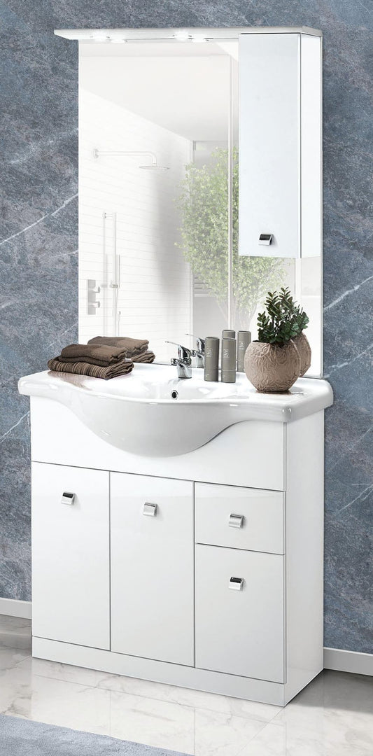 Dafne Italian Design Mobile da bagno Missy finitura bianco lucido composto cm. 85x50x190 (base, lavabo, specchio, pensile)
