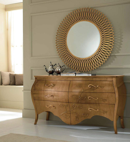 Dafne Italian Design Com�, legno chiaro, decorazione foglia, 96X60X174, 120 Kg, Piano: legno massiccio - ebano. Ante pioppo - ebano. Piedi: tiglio