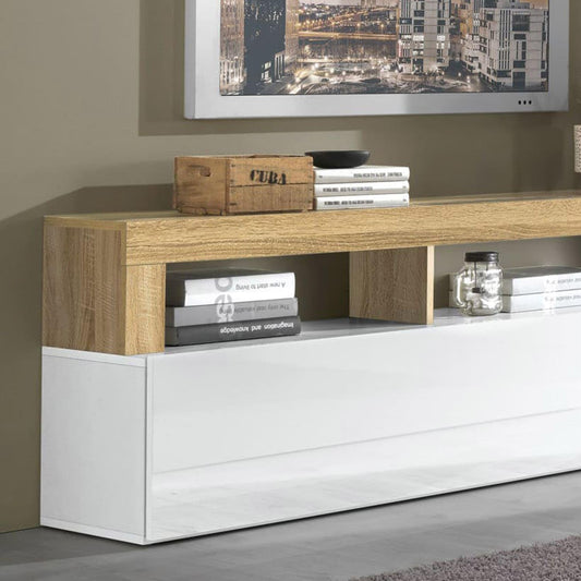 Dafne Italian Design Mobile da soggiorno moderno Amby color bianco lucido e rovere chiaro cm. 277 x 35 x 205 (base tv, pensili, mensola)