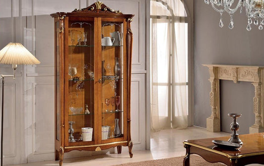 Dafne Italian Design Vetrina 2 ante, noce scuro, decorazioni oro -cm: 109 cm - 40 cm - H 212 cm .Stile classico - - 100% Made in Italy (SF17)