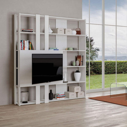Libreria Composizione M Kato 6R 2 fianchi 2 fasce lunghe 2 fasce corte 2 fasce medie pannello TV Bianco Frassino