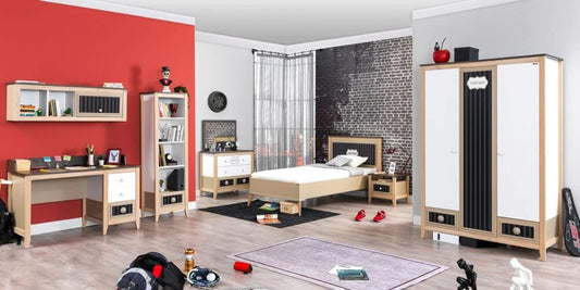 Dafne Italian Design Cameretta Completa per Ragazzi Melody Stile Vintage Bianca, Legno Chiaro e Grigio.