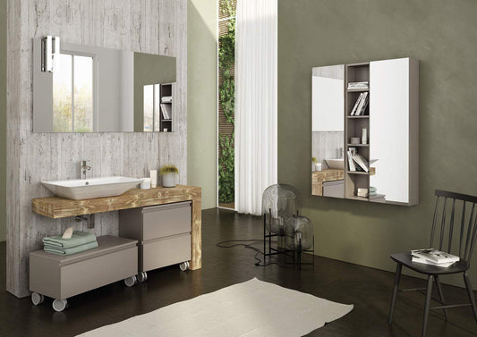Dafne Italian Design Mobile da bagno legno natural c/lavabo - Misura: L.135 P.50 cm - Laccato Canapa Opaco e Massello di Abete - Top in legno, lavabo in ceramica, specchio, parete attrezzata sospesa