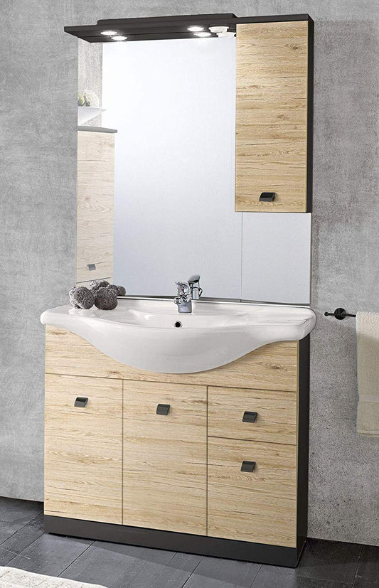 Dafne Italian Design Mobile da bagno con pensile a destra che comprende base, lavabo unico in ceramica e specchio con luci (20W C4). cm. 105 x 50 x 190h. Mobili di altissima qualit�. (STMB)