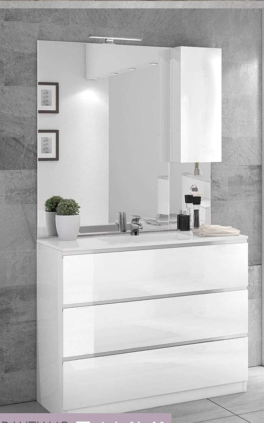 Dafne Italian Design Mobile da bagno con lavabo colore bianco laccato lucido misura cm. 100 x 46 x 189h - 3 cassetti, lavabo e specchio con luce a Led