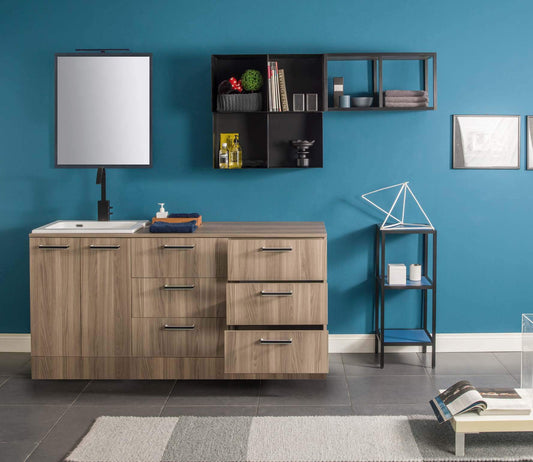 Dafne Italian Design Mobile da bagno/lavanderia moderno (cm. L61 x P55 x H87) effetto legno chiaro con sei cassetti, due ante e lavabo ad incassato.
