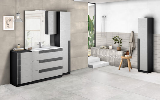 Mobile da bagno "Sandie" colore grigio e nero componibile cm 81x46x189 (base, lavabo, specchio, pensile) - colonna anta sx cm. 35x34x189 - mobile 5 cassetti cm 35x34x85, colonna anta dx 35x34x164