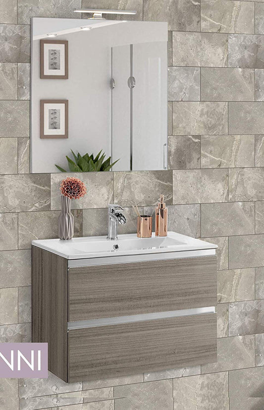 Mobile da bagno cm. 60 x 46 x 51h. sospeso con lavabo - colore legno chiaro - 2 cassettoni con maniglia a gola, lavabo e specchio con luce a Led