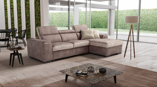 Dafne Italian Design Divano tre posti con letto estraibile a carrello e chaise longue contenitore in tessuto color tortora e panna - misure cm. L 169x171 l 102 H 77 - Made in Italy