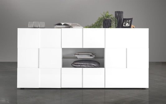 Mobili da soggiorno moderni "Dame" color bianco lucido: madia 2 ante cm. 121 x 43 x 111; madia 2 ante e 2 cassetti cm. 181 x 43 x 84