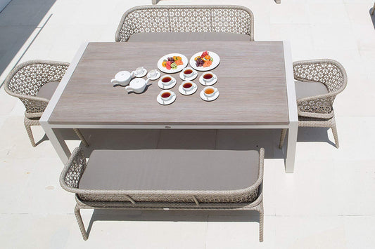 Dafne Italian Design Set pranzo 6 posti da esterno: 6 Sedie c/braccioli 63cm-H81cm-57m, c/cuscino antimacchia, struttura in rattan;e tavolo rett. 100cm-H75cm-200cm