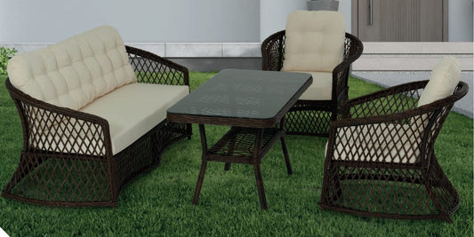 Dafne Italian Design Set mobili pranzo da giardino in rattan con 1 divano 3 posti, n.1 tavolo, n.2 poltrone