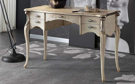 Scrivania/Scrittoio 5 cassetti, colore bianco sporco, effetto invecchiato - Dimensioni: 120 cm - 60 cm - H 80 cm ? 0,68 Mc - Stile classico - 100% Legno - 100% Made in Italy (SF17)