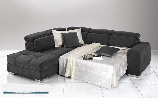 Dafne Italian Design Divano Letto angolare 3 posti con penisola a Sinistra. Tessuto Romeo Nero (cm. 266 x 230 x 94h)