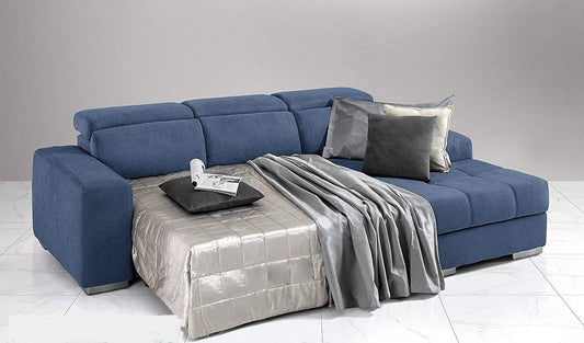 Dafne Italian Design Divano Letto angolare 3 posti con penisola a Destra. Tessuto Romeo Denim (cm. 259 x 178 x 94h)
